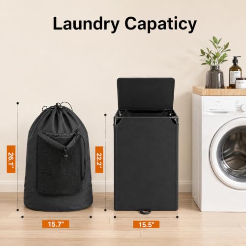 Foluck 60L 2-in-1 Laundry Hamper with Waterproof Laundry Backpack | Versatile Inner Bag with Shoulder Strap, Mesh Pocket, Internal Zippered Pouch, Hamper with Foot Strap and Lid for Dorm Travel
