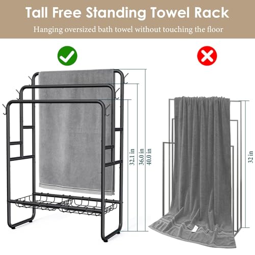 Kayfia 40'' Freestanding 3 Tier Metal Towel Rack, 2 Baskets & 6 Hooks | Dual-Use Drying & Display Rack, Holds Oversized Bath Towels & Blankets, fits Indoor, Bathroom, Bedroom & Outdoor, Black