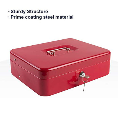 KYODOLED Locking Cash Box with Lock,Money Box with Cash Tray,Lock Safe Box with Key,Money Saving Organizer,11.81Lx 9.45Wx 3.54H Inches,Red XL Large