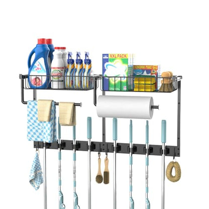 Broom Holder Wall Mount, Broom and Mop Organizer Wall Hanging with Paper Towel Holder & Removable Anti-fall Basket, Wall Mount Cleaning Supplies Organizer for Laundry Room, Apartment, Utility Room