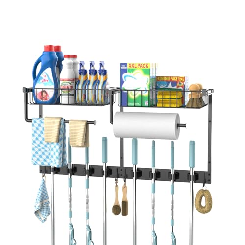 Broom Holder Wall Mount, Broom and Mop Organizer W... (Black | Metal)