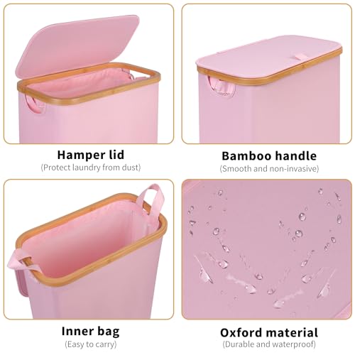 iEGrow 65L Slim Laundry Hamper, Narrow Laundry Basket with Lid,Foldable Clothes Hamper with Bamboo Handles,Hamper Basket with Removable Inner Bag for Laundry Room Bedroom College Dorm,17.17 Gals Pink