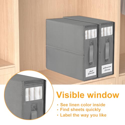 2-Pack Bed Sheet Organizers and Storage, Oxford Grey | Foldable Sheet Organizer for Linen Closet with Window and Label, Closet Organizer Box for Bedding Sheets, Duvet Covers