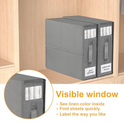 2-Pack Bed Sheet Organizers and Storage, Oxford Grey | Foldable Sheet Organizer for Linen Closet with Window and Label, Closet Organizer Box for Bedding Sheets, Duvet Covers