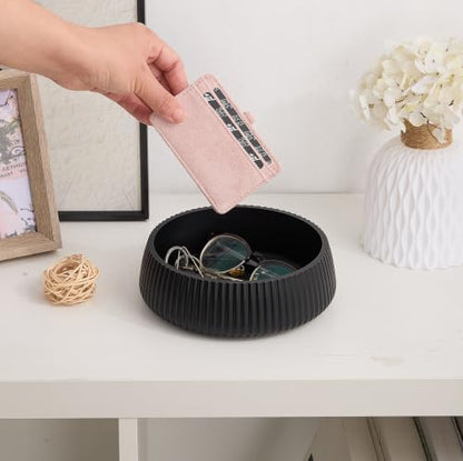 Concrete Key Bowl for Entryway Table, 7" Key Holder Bowl for Keys, Black | Charcoal Black - Handcrafted - Solid Concrete - Smooth Matte Finish - Fluted Design - Minimalist & Organic Modern Home Decor