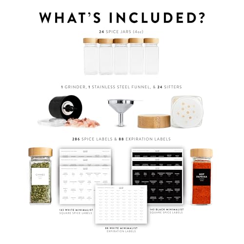 SAVVY & SORTED Glass Spice Jars with Label, 24PK Bamboo Jar Spices Set 4oz, 374 Spice Labels, Pepper Grinder, Empty Herb Seasoning Containers, Funnel and Shaker Lids