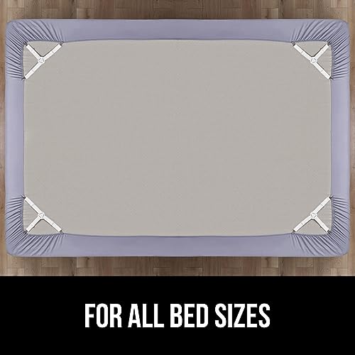 GORILLA GRIP Patented Bed Sheet Holders, Adjustable Elastic Fasteners with Metal Clips, Keep in Place Fitted Bedding Straps, Firm Tight Suspenders for Mattress, US Designed, 4 Pack White