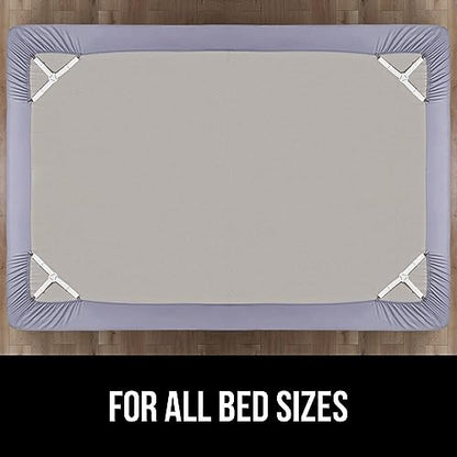 GORILLA GRIP Patented Bed Sheet Holders, Adjustable Elastic Fasteners with Metal Clips, Keep in Place Fitted Bedding Straps, Firm Tight Suspenders for Mattress, US Designed, 4 Pack White