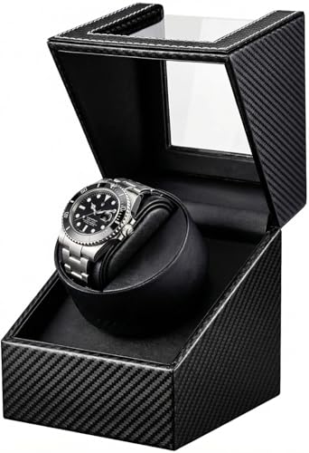 Watch Winder for Automatic Watches: Single Watch Winder Box | Rotating Watch Case with Quiet Japanese Motor - Storage Display Box for Men (Black Carbon Fiber)