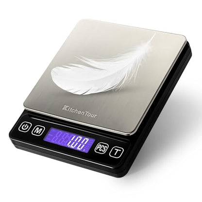 KitchenTour Mini Gram Scale for Coffee, Jewelry and Small Items, 500g x 0.01g Digital Pocket Scale with Tare, 6 Units, Back-Lit LCD, 2 Trays, Black