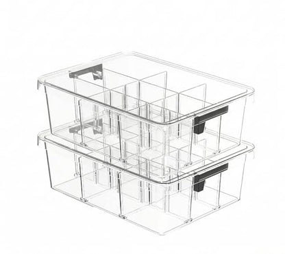Socks Bra Underwear Drawer Organizer for Closet, 2 PCS Plastic Storage Box with 9 Removable Compartments and Lid, Clear Dresser Drawer Organizer Storage Container with Dividers for Sock Ties Belts