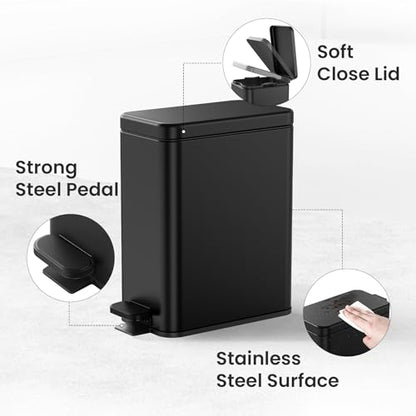 Cesun 2.6 Gallons Small Bathroom Trash Can with Lid Soft Close, Black | Removable Inner Bucket, Small Stainless Steel Garbage Can for Bedroom/Office, Hands-Free Step Pedal, Fingerprint-Resistant