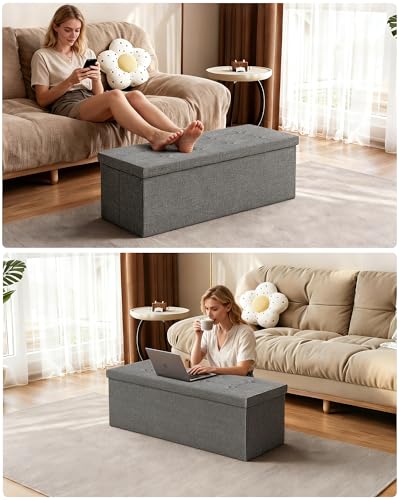 43 Inches Folding Storage Ottoman Bench, Storage Chest, Grey | Ottoman Foot Rest, End of Bed Bench, Load 660 lb, Storage Box for Living Room, Bedroom, Entryway