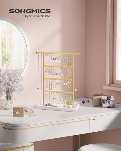 SONGMICS Jewelry Organizer, 4-Tier Earring Holder Organizer Stand with Base Tray, for Studs and Necklaces, Vintage, White and Gold Color UJJS019A01 | For Studs and Necklaces, Vintage, White and Gold Color, CAELEY Collection UJJS019A01