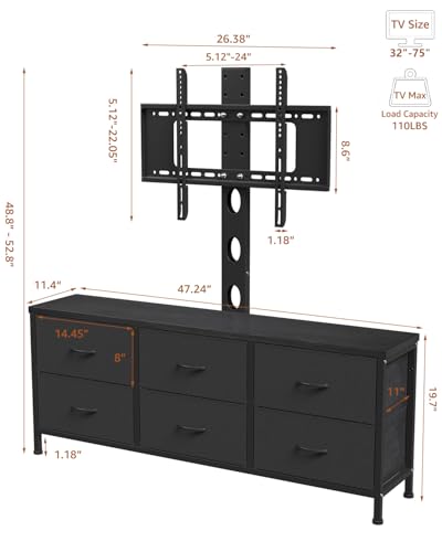 TV Stand with Mount, Fabric Dresser with 6 Drawers for 32/45/55/60/65/75 inch TVs, Black Dresser Entertainment Center, Modern Media TV Console Table