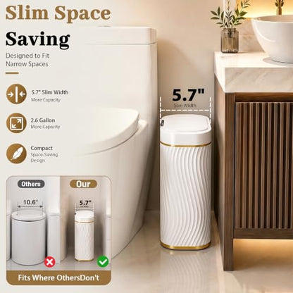 2.6 Gallon Automatic Bathroom Trash Can with Touchless Lid, White Gold | Motion Sensor Trash Can with Slim Waterproof Body; Small Plastic Garbage Can, hands-free lid for Bedroom, office, and kitchen
