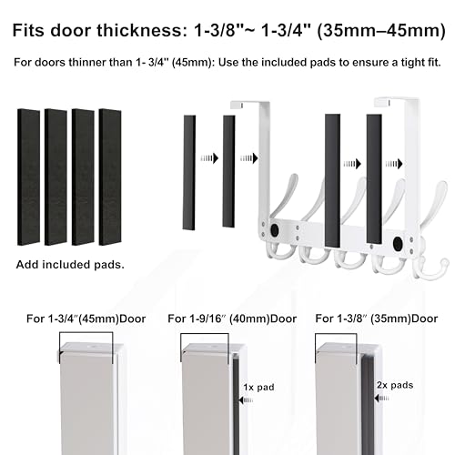Over The Door Hook Hanger - Fits 1 3/8" to 1 3/4" Standard Doors | 5 Tri Hooks Heavy Duty Towel/Coat Rack | Door Organizer for Clothes, Jackets, Hats, Towels, White