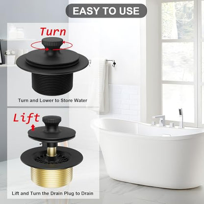 Bathtub Drain Stopper Tub Trim Set with Two-Hole Overflow Faceplate | 11.5/16 UNC Tub Drain Hair Catcher, Premium Brass Lift and Turn Twist Tub Drains Replacement Trim Kit, Matte Black