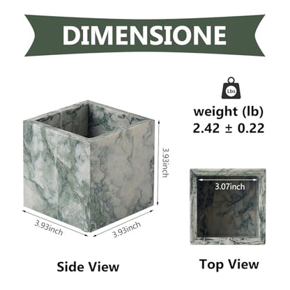 Real Luxurious Natural Marble Toothbrush Holder & Makeup Brush Organizer | Pen Holder for Desk,3.93inch Square Marble Utensil Holder Non-Ceramic/Non-Resin （Cyan Green）
