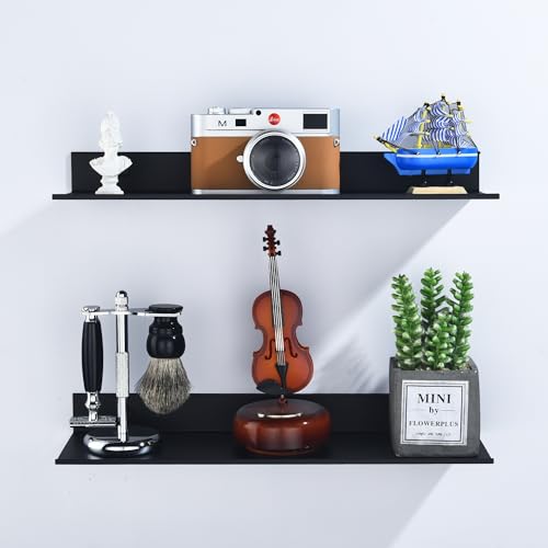 Adhesive Bathroom Shelves 2 Pack, Black Floating Wall Shelf 40cm | Metal Shower Caddy, Aerospace Aluminum, Renter-friendly, Rustproof & Waterproof, Drill/No Drill, Supports 5kg