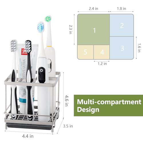 Electric Toothbrush Holders for Bathrooms Toothpaste Organizer, Sliver | Carbon Steel, Removable Diatomite Drip Tray, 5 Slots Kids Tooth Brush Holder for Countertop, Shower, Vanity
