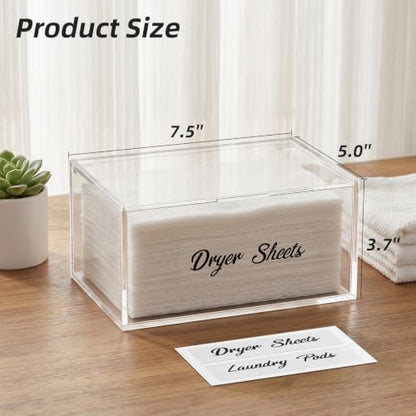 Acrylic Dryer Sheet Holder Dispenser Container,Bonus Black Labels Included | Clear Fabric Sheet Holder Box for Bathroom,Laundry Room Storage Organization and Decor