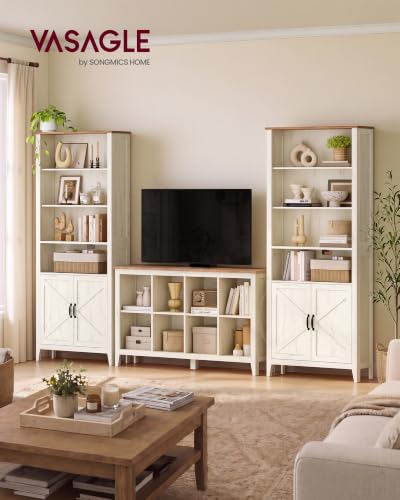 VASAGLE Liry Collection Farmhouse Bookshelf, 6-Tier Bookcase with Doors, Storage Cabinets, 24.8 x 10 x 70.7 inch, for Home Office, Living Room, Cloud White and Warm Brown ULBC134W101S
