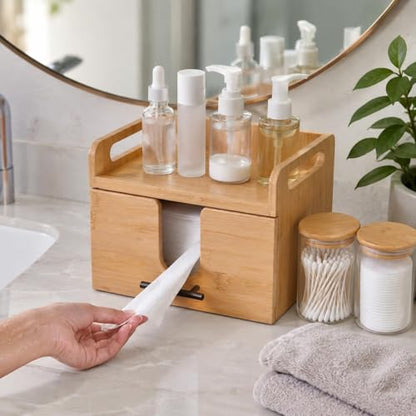 Vespara Bamboo Disposable Face Towel Holder with Drawer 2 Glass Jars, Facial Towel Holder for Vanity Organizer, Skincare Organizer for Clean Skin Club Face Towels Dry Wipes Cleansing Bathroom Counter
