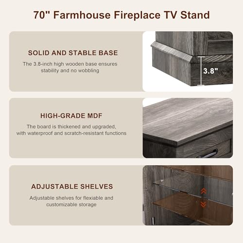 MXV 70" Fireplace TV Stand, 3-Sided Glass Fireplace and Modern Entertainment Center, Wooden Media Console with Glass Doors & Storage Drawers, LED Light, for Living Room, Grey