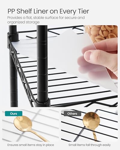 SONGMICS Storage Shelf, Bathroom Shelf for Small Space, 3 Tier, Ink Black | Storage rack with 3 PP shelf liners, removable hook, extendable design, Translucent, ULGR103B01