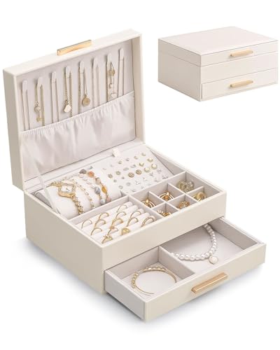 Lolalet 2-Layer Jewelry Box Organizer Holder for Women Girls Mom -Beige | Jewelry Storage Case with Drawers for Necklaces Ring Earrings Bracelet Watch, Gifts Choice for Mom Mother’s Day