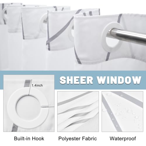 No Hook Shower Curtain with Snap-in Liner, Gray White, 71 x 74 Inch | Stripe Pattern, Waterproof, Mesh Top Window, Bottom Magnets, Hotel Style, Machine Washable, Quick Dry, Modern, for Bathroom