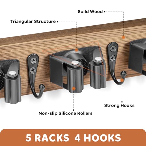 IMILLET Broom Holder Wall Mount, Rustic Broom Hanger for Laundry Room | Wood Broom and Mop Organization and Storage, Mop Holder for Home Decor, Garden, Garage, Closet, 5 Racks and 4 Hooks, Brown