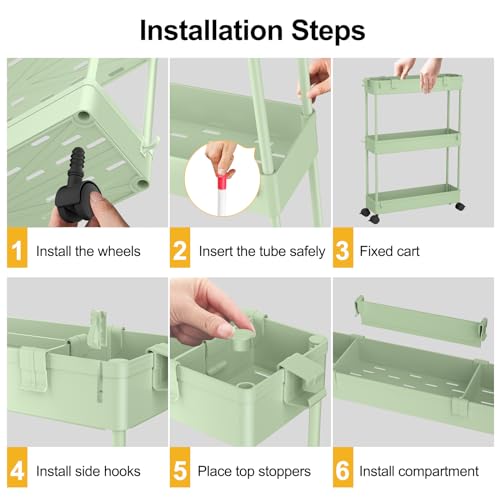 Slim Storage Cart 3 Tier,Bathroom Organizer Rollin... (Green | Plastic)