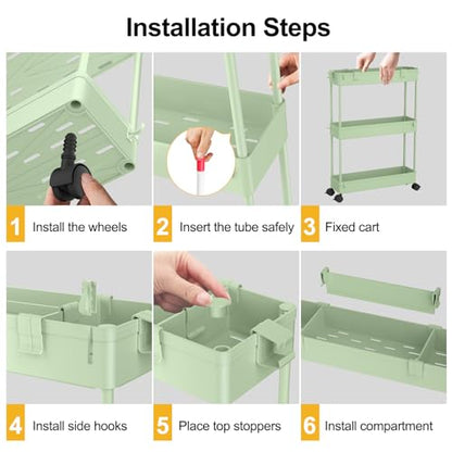 Slim Storage Cart 3 Tier,Bathroom Organizer Rollin... (Green | Plastic)