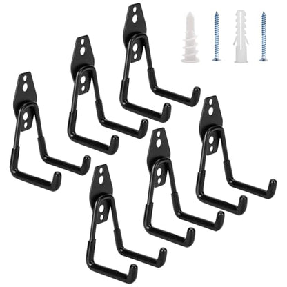 6 Pack Garage Hooks Heavy Duty - Supports 100 lbs | Utility Steel Garage Hanger & Organizer for Organizing Garden Lawn Tools, Ladders, Garden Hose, Digging Shovel, Bikes, Ropes
