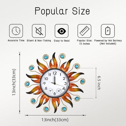 Sun Outdoor Clock with Thermometer and Hygrometer Combo, 13 Inch | Silent No-Ticking, Easy to Read, Quartz Clock Waterproof, Decor for Patio, Living Room, Kitchen, Orange