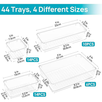 Vtopmart 44 PCS Clear Plastic Drawer Organizers Set, Vanity Organizer Trays | 4-Size Versatile Makeup Organizer, Non-Slip Storage Containers for Makeup, Jewelries, Bedroom，Kitchen Utensils and Office