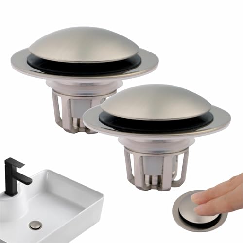 Pop Up Sink Drain Stopper Hair Catcher - Brushed Nickel 2 Pack | Universal bathroom， Fits 1-1/8 & 1-1/2 drains， Rust resistant brass， Waste plug drain replacement， Tool free quick odor stop.