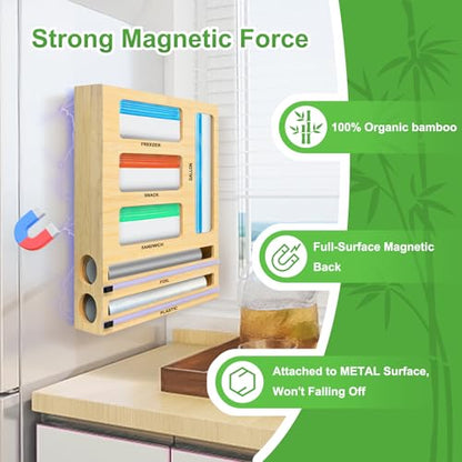 Magnetic Food Bag Storage Organizer for Drawer or Refrigerator | Ziplock Bag Organizer, Compatible with Gallon,Quart, Sandwich, Snack & Variety Size Bags, Bamboo, 12.7"W x 16.6"H x 4"D