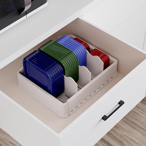 SWOMMOLY Expandable Food Container Lid Organizer for Kitchen Cabinet | Storage Lid Holder with 6 Dividers, 30 Preprinted and Blank Writable Labels, Adjustable Length 9.8" to 17.3", Large, White