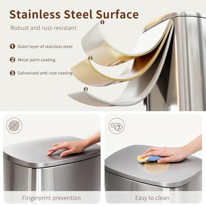 PayLessHere | 13G Trash Can with Lid | Steel | Removable Inner Bucket | Made of Stainless Steel | Soft-Close Step Pedal | Hands-Free Use | Easy to Clean | for Kitchen, Office, Bathroom