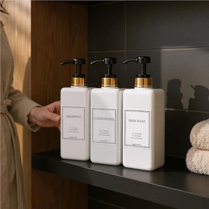 Modern Gold Design Shampoo and Conditioner Dispenser - Large 27oz Shower Soap Dispenser, Set of 3 Refillable Empty Plastic Pump Bottles for Bathroom and Body Wash (6 Waterproof Labels Included), Black