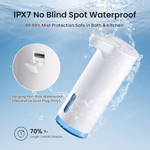 Seawah Automatic Soap Dispenser Touchless(Upgrade Auto & Manual Dual Modes),Quiet Design, Adjustable Volume, IPX7, Rechargeable, Thick & Thin Dish/Hand Soap Compatible for Bathroom & Kitchen