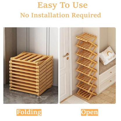 5 Tier Foldable Shoe Rack, Bamboo Vertical Shoe Organizer Tall for Multifunctional Narrow Shoe Shelf for Entryway, Closet, Corner, Bedroom, Hallway(Natural)