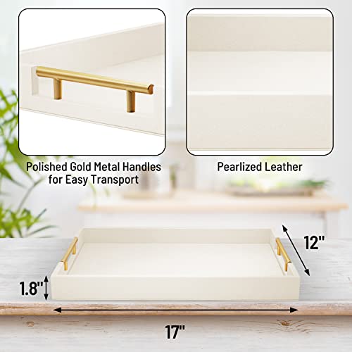 ATZYmolin 17"x12" Leather Serving Tray, Gold Handle Vanity Platter, White | Rectangle Ottoman Decor Tray, Polished Metal Handles, Coffee Table Bathroom Home Decorative Wood Tray