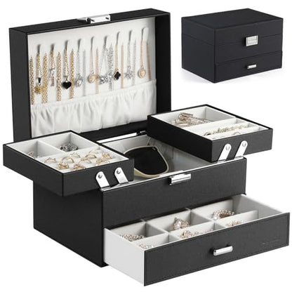 Jewelry Organizer Box, Large Jewelry Boxes for Women Girls, Space-Saving 3 Layers Jewelry Storage Case with Drawer, Movable Metal Stand, Modern, Gift Idea (Black)