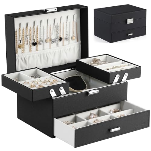 Jewelry Organizer Box, Large Jewelry Boxes for Women Girls, Space-Saving 3 Layers Jewelry Storage Case with Drawer, Movable Metal Stand, Modern, Gift Idea (Black)