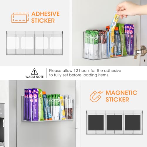 AIEVE Drink Packet Organizer, Mountable Water Packet Organization Holder with Adhesive & Magnetic Sticker, Pantry Organizers Kitchen Storage for Countertop Table Fridge Cabinet