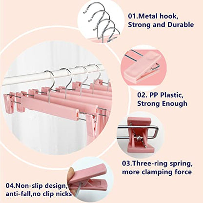Pants Hangers with Clips, Skirt Hangers, 20 Pack, Pink | Plastic clip hangers for pants, skirts, jeans and shorts; 360° swivel hooks help save closet space.